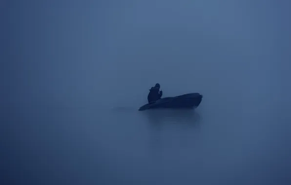 Картинка winter, lake, fog, man, motorboat