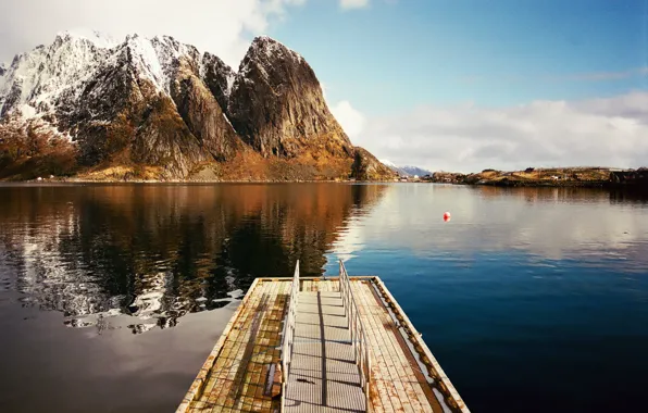 Mountain, lake, village, reflection, pier, mirror, deck, peaks