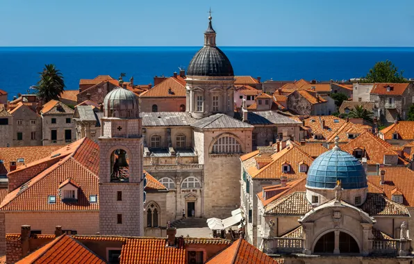 Море, здания, крыши, церковь, собор, Хорватия, Croatia, Дубровник