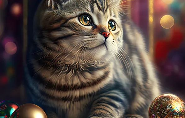 Кошка, кот, взгляд, шарики, котенок, Рождество, Новый год, мордашка