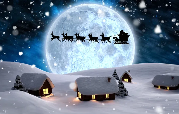 Картинка зима, снег, деревья, снежинки, ночь, огни, рендеринг, луна