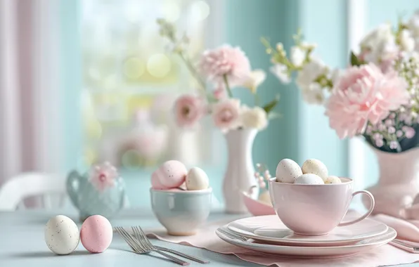 Свет, цветы, стол, праздник, яйца, букет, размытие, весна