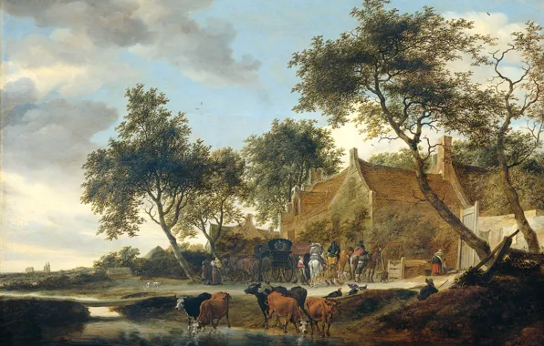 Картинка животные, пейзаж, дом, дерево, масло, картина, Постоялый Двор, Саломон ван Рёйсдал