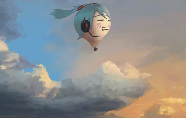 Облака, hatsune miku, Art, Vocaloid, sky, вокалоид, anime, Balloon