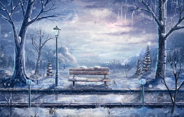Картинка снег, арт, лавочка, фонарь, пейзаж. зима