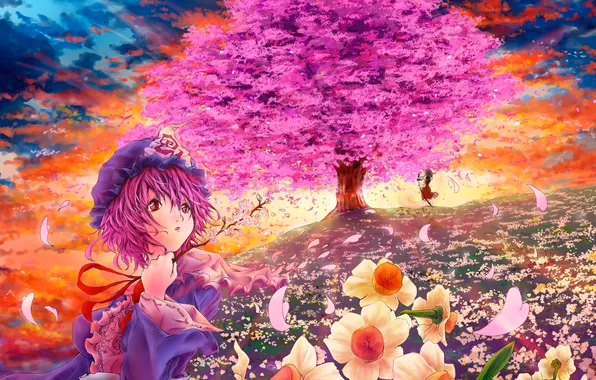 Картинка небо, облака, цветы, девушки, дерево, аниме, лепестки, сакура