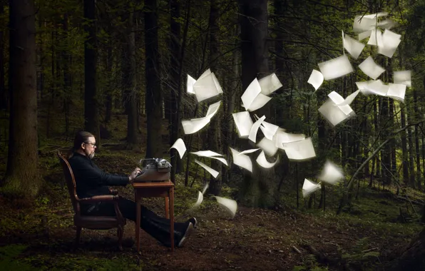 Лес, человек, листы, творчество, пишущая машинка