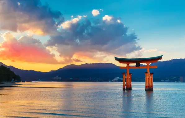 Пейзаж, пространство, океан, рассвет, отдых, тишина, ворота, Япония