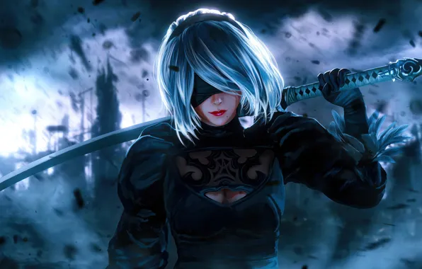Girl, sword, game, chaos, dress, power, katana, nier