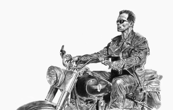 Картинка monochrome, artwork, drawing, cyborg, Arnold Schwarzenegger, vehicle, Terminator 2, white background