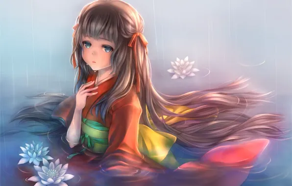 Вода, девушка, цветы, аниме, слезы, арт, кимоно, piyo7piyo9