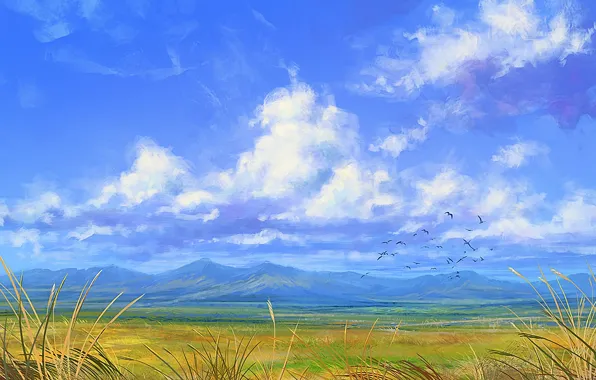 Облака, горы, птицы, ветер, арт, нарисованный пейзаж