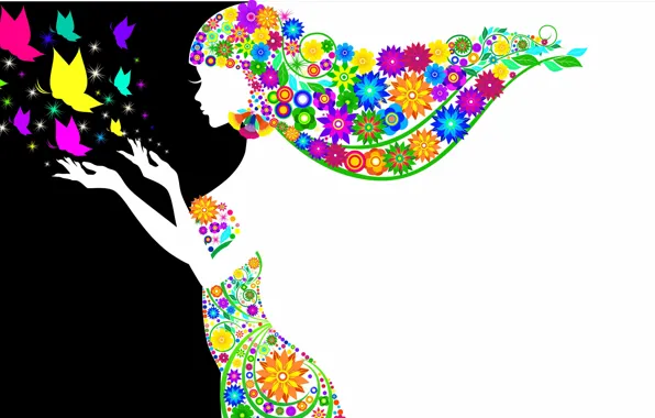 Картинка девушка, бабочки, цветы, белое, волосы, руки, платье, черное