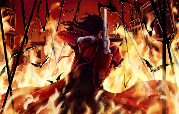 Пожар, огонь, пистолеты, вампир, Hellsing, колья