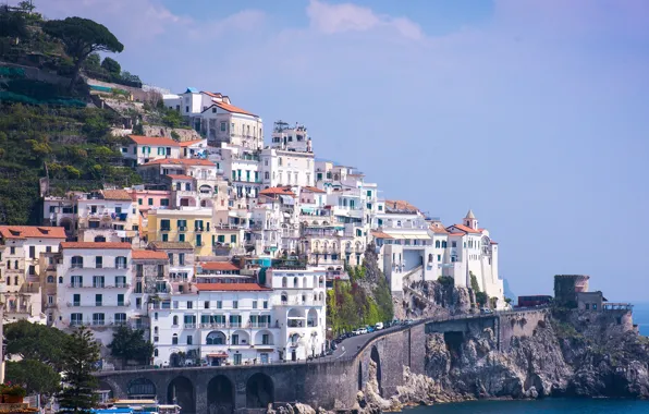 City, house, road, sea, landscape, Italy, Campania, Amalfi