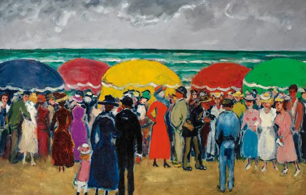 Картинка море, люди, берег, картина, зонт, жанровая, Kees van Dongen, Sunday on the beach