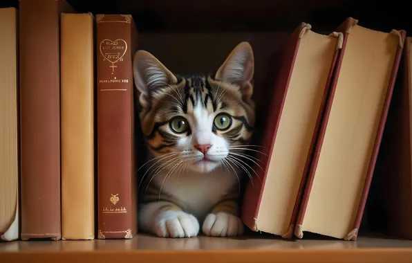 Кошка, взгляд, поза, темный фон, котенок, книги, полка, лежит