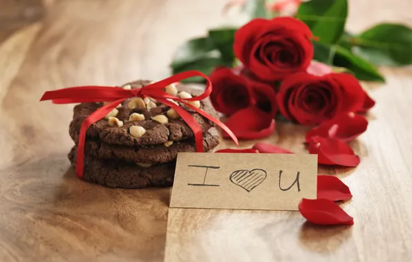 Букет, лепестки, печенье, red, romantic, Valentine's Day, gift, roses