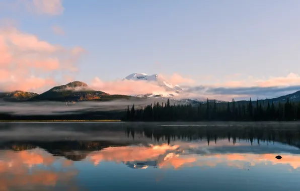 Sky, trees, landscape, nature, water, mountains, clouds, lake