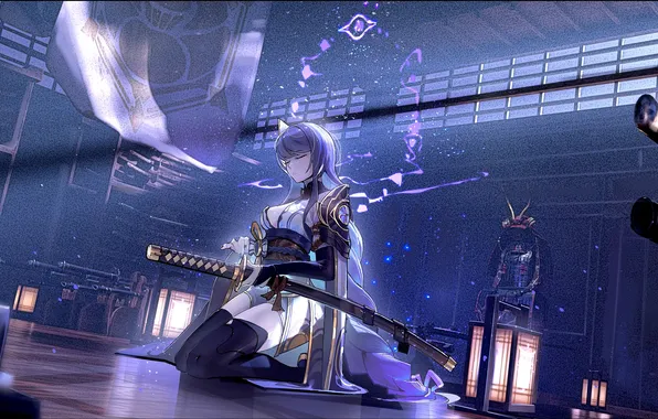 Girl, sword, fantasy, armor, katana, samurai, weapons, digital art