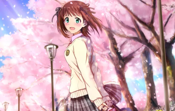 Девушка, парк, сакура, anime, art, idolmaster