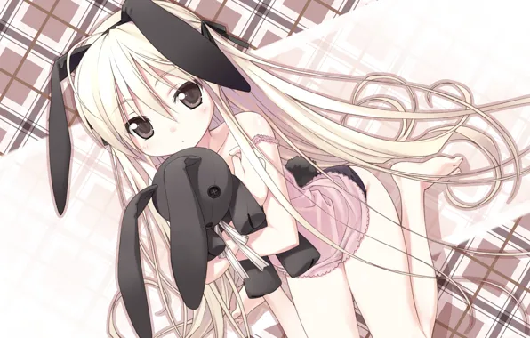 Узор, клетка, кролик, ушки, длинные волосы, art, kasugano sora, yosuga no sora
