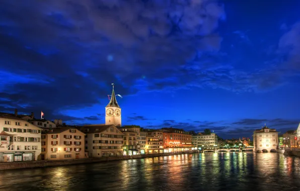 Ночь, река, Швейцария, Switzerland, night, Europe, Цюрих, Zurich
