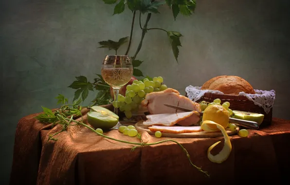 Лето, вино, яблоки, хлеб, виноград, натюрморт, лоза, июнь