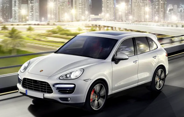 Картинка Огни, Ночь, Порше Кайен, Обоя, Высотки, Автомобиль, Porsche Cayenne, Car