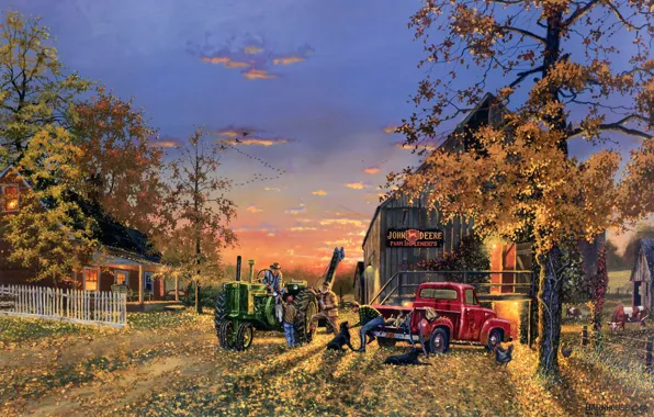 Картинка осень, дом, желтые листья, вечер, склад, трактор, logo, живопись