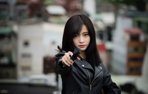 Картинка девушка, лицо, пистолет, волосы, брюнетка, восточная