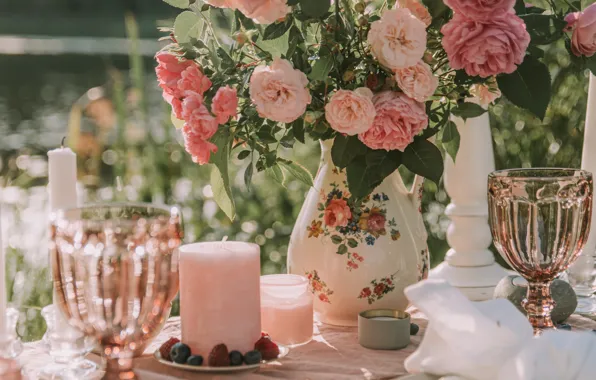 Holidays, flowers, mood, bokeh, glasses, bouquet, roses, candles