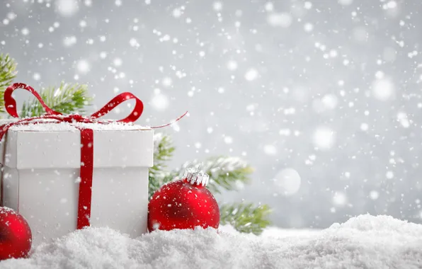 Картинка снег, подарок, шары, Новый год, New Year, подарочек, еловые ветки