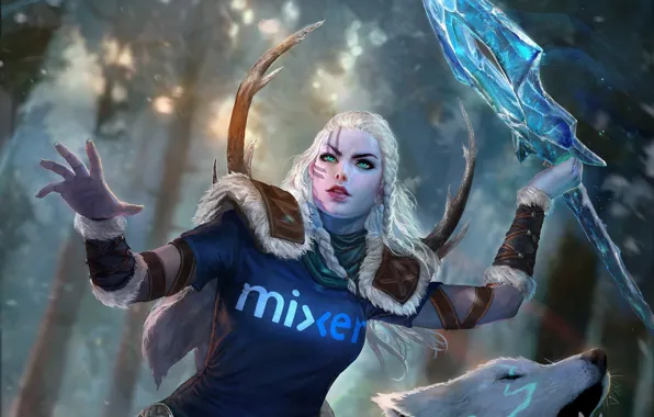 Лес, девушка, волк, рога, кинжал, копье, art, smite