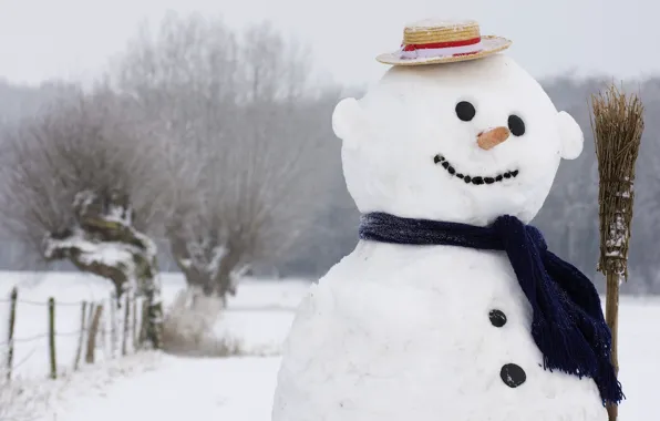 Зима, улыбка, шарф, снеговик, шляпка, метла, 1920x1080