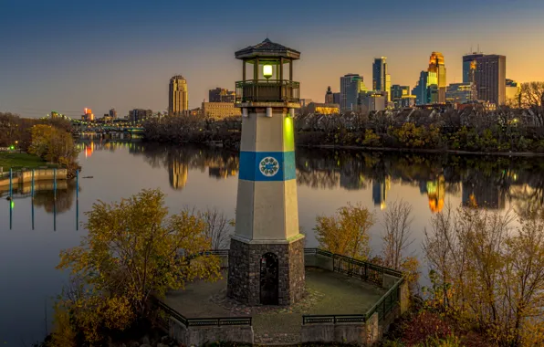 Закат, река, маяк, дома, вечер, США, Minnesota, Minneapolis
