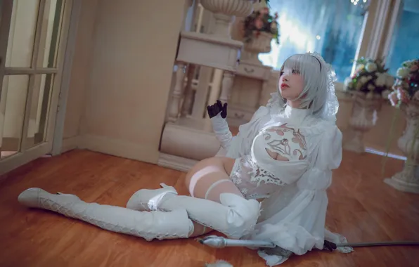 Секси, паркет, sword, Nier, cosplay, blonde, corset, white stockings