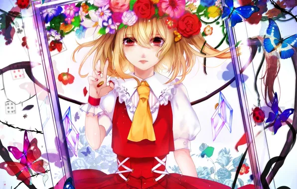 Картинка девушка, бабочки, цветы, аниме, рамка, арт, венок, touhou