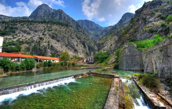 Горы, ручей, стена, скалы, Черногория, Kotor