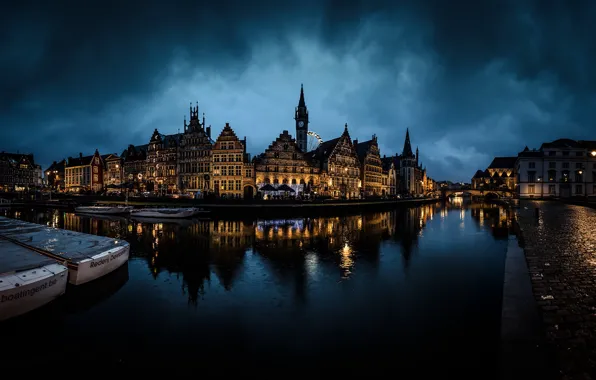 Night, Belgium, cloudy, Ghent, canals, Flemish Region