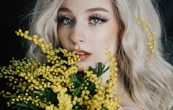 Глаза, взгляд, девушка, цветы, мимоза, Jovana Rikalo