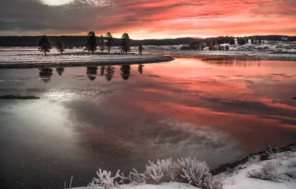 Картинка зима, закат, природа, река