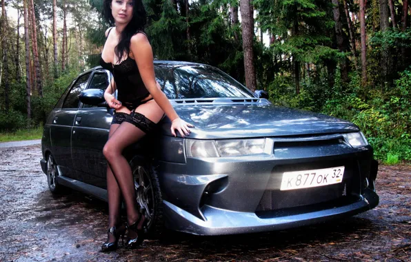 Девушка, Авто, чулки, Лада