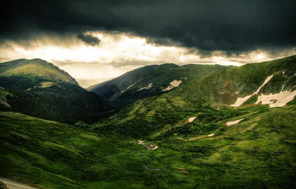 Forest, mountains, clouds, cloudy