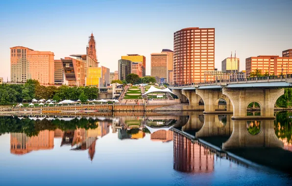 Картинка вода, отражение, дома, США, набережная, Connecticut, Hartford, река.мост
