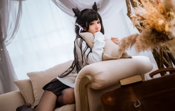 Beautiful, Asian, Model, Woman, Sofa, Cute, Pretty, Pillow