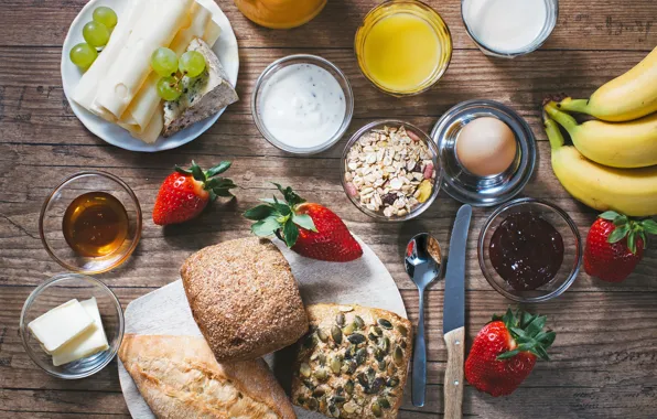 Сыр, клубника, сок, виноград, ложка, нож, бананы, juice