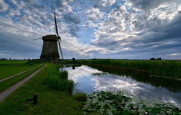 Картинка облака, мельница, Голландия, водный канал