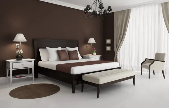 Картинка белый, дизайн, стиль, лампы, кровать, интерьер, кресло, коврик
