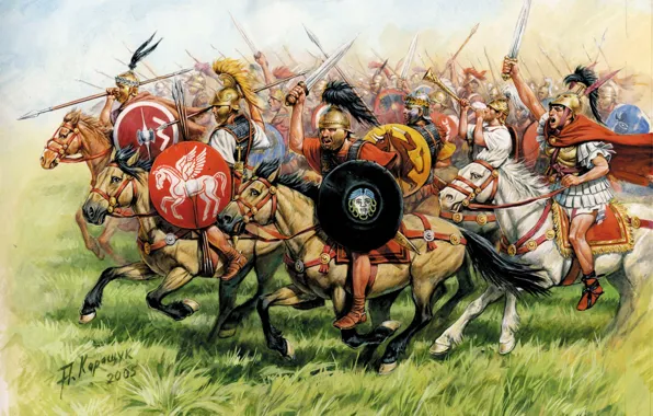 Картинка трава, атака, рисунок, доспехи, Рим, мечи, копья, шлемы